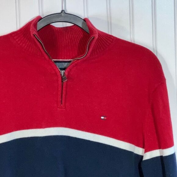 Vintage Tommy Hilfiger Sweater Mens Medium Red And Blue Striped 1/4 Zip Pullover - Picture 5 of 12